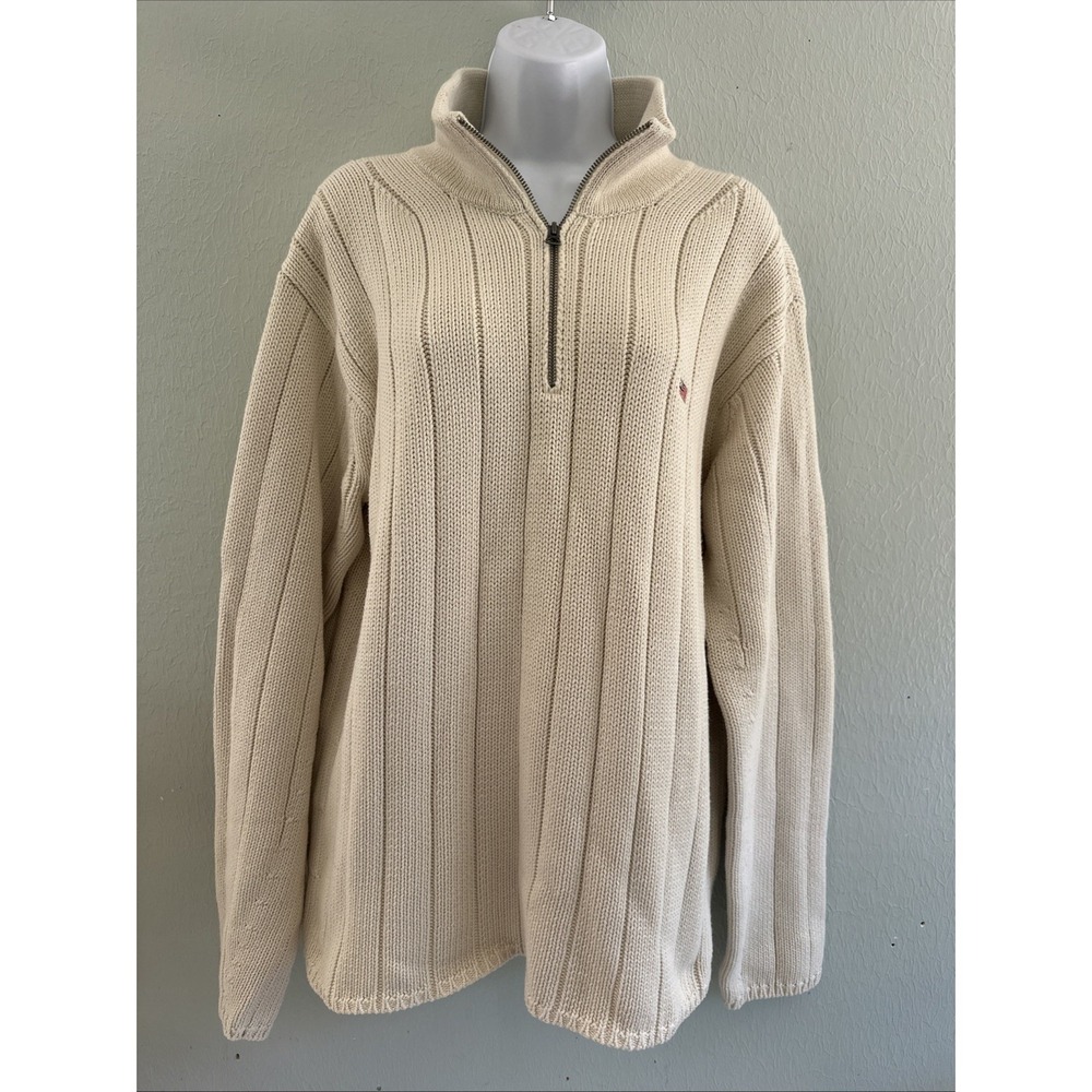 VTG RALPH LAUREN Polo Jeans 1/4 Zip Knit Cotton Sweater Men's L Beige USA Flag